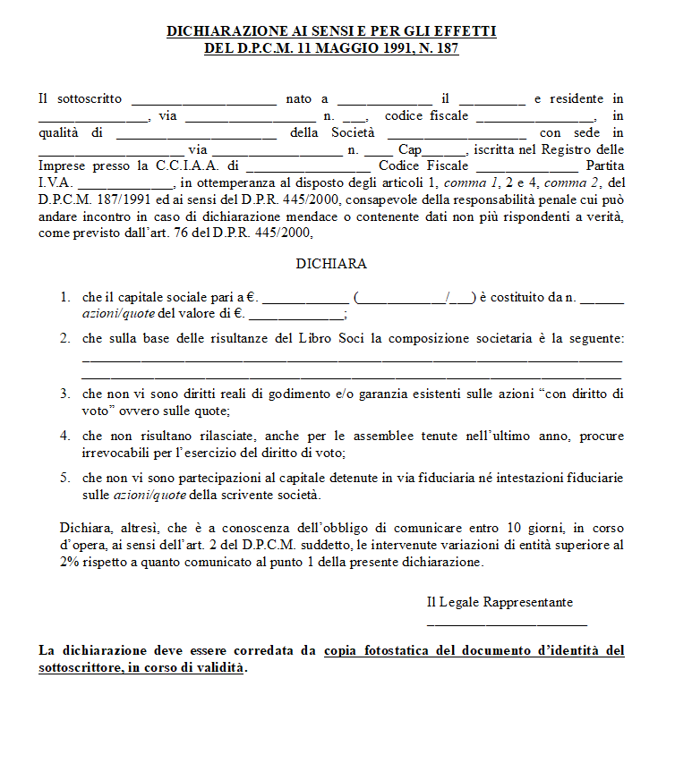 Dichiarazione Composizione Societaria Dpcm 187/91