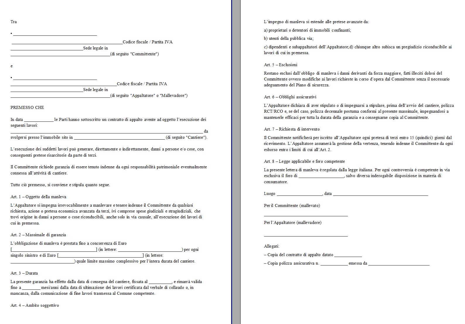 Fac Simile Lettera di Manleva per Lavori Edili