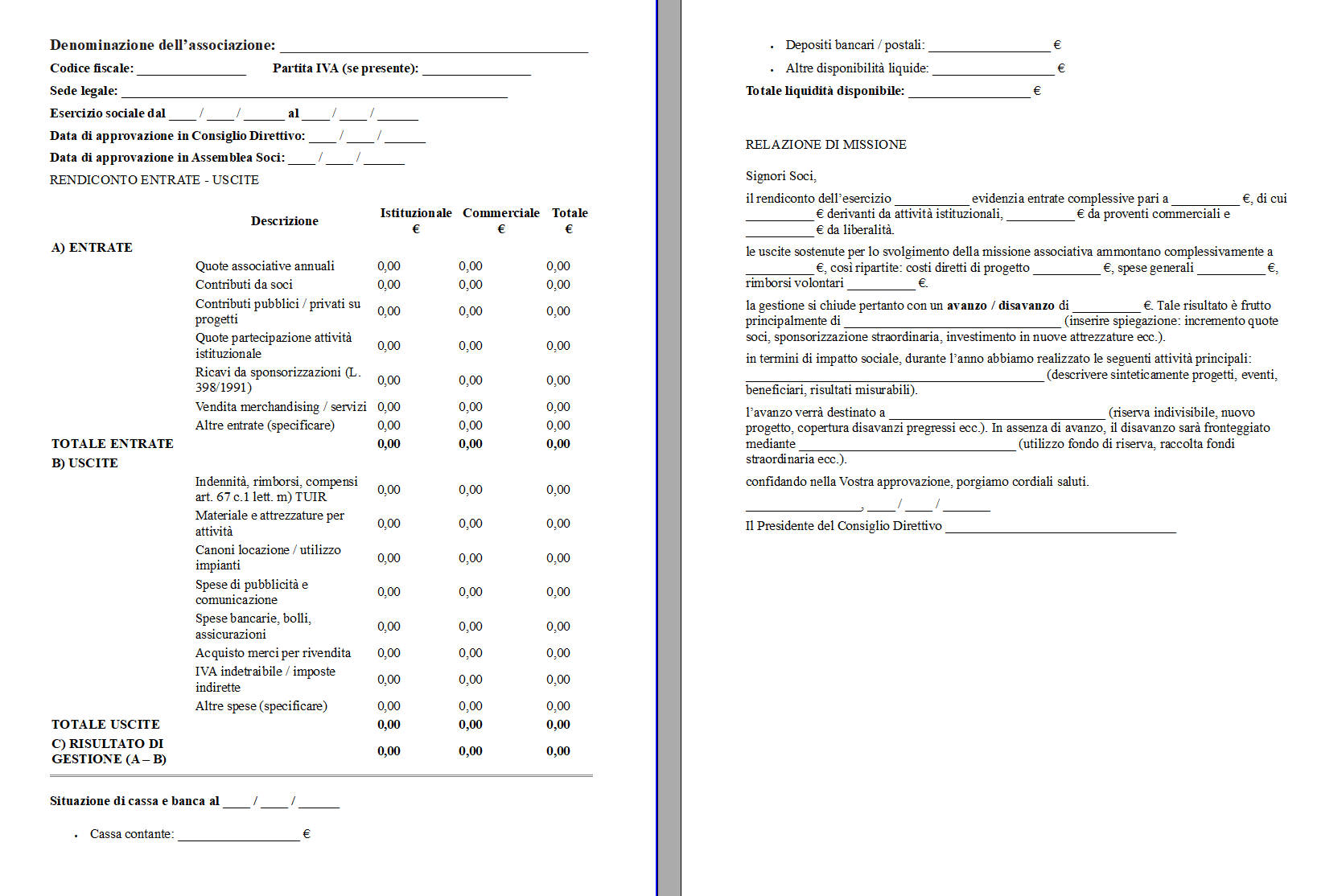 Rendiconto Economico Finanziario Associazione
