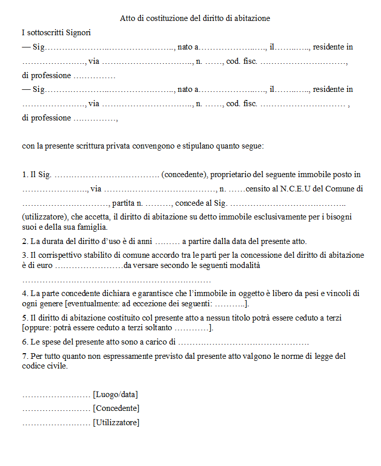 Fac simile scrittura privata per diritto di abitazione