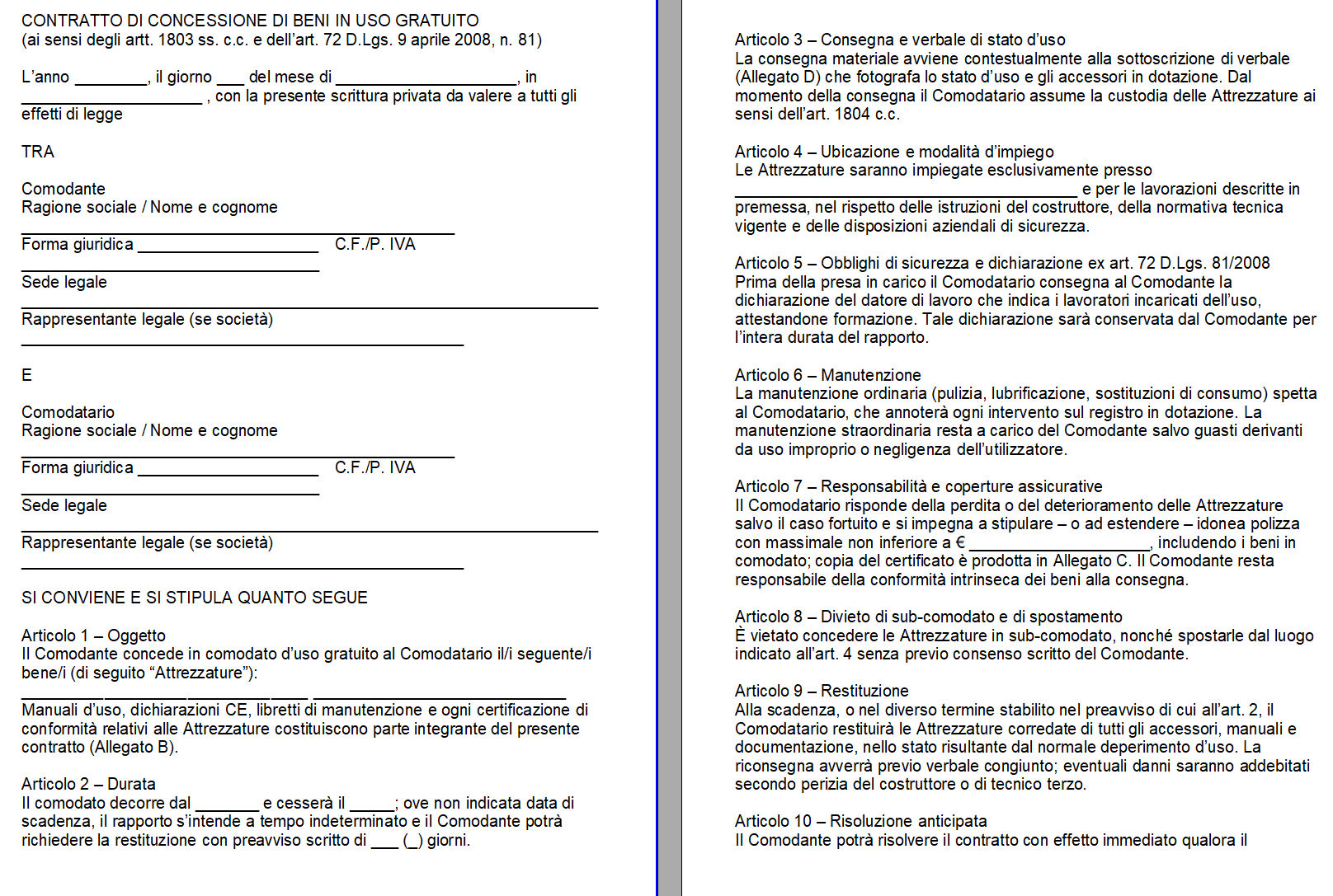 Contratto Comodato d'Uso Gratuito Attrezzature di Lavoro