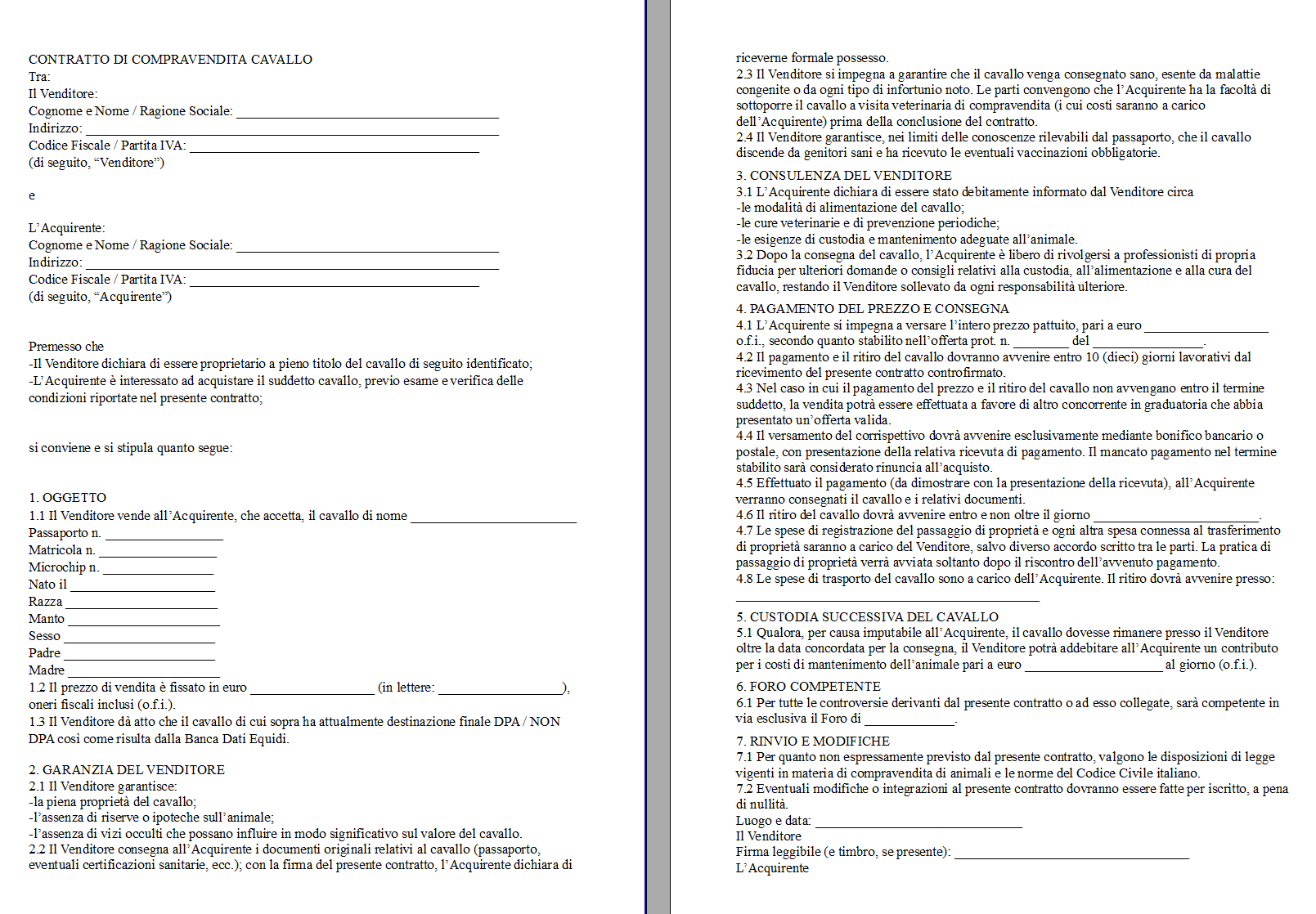 Contratto di Compravendita Cavallo