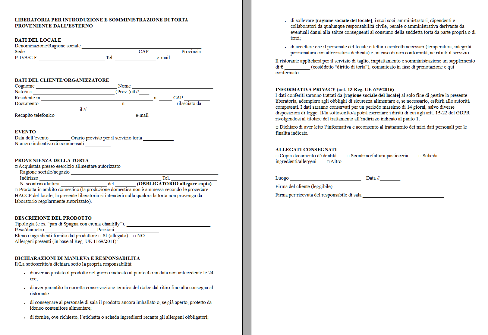 Modulo Liberatoria Torta Ristorante