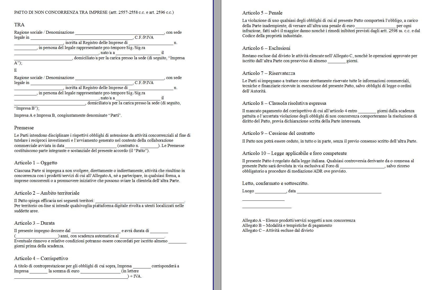 Fac Simile Patto di non Concorrenza tra Società