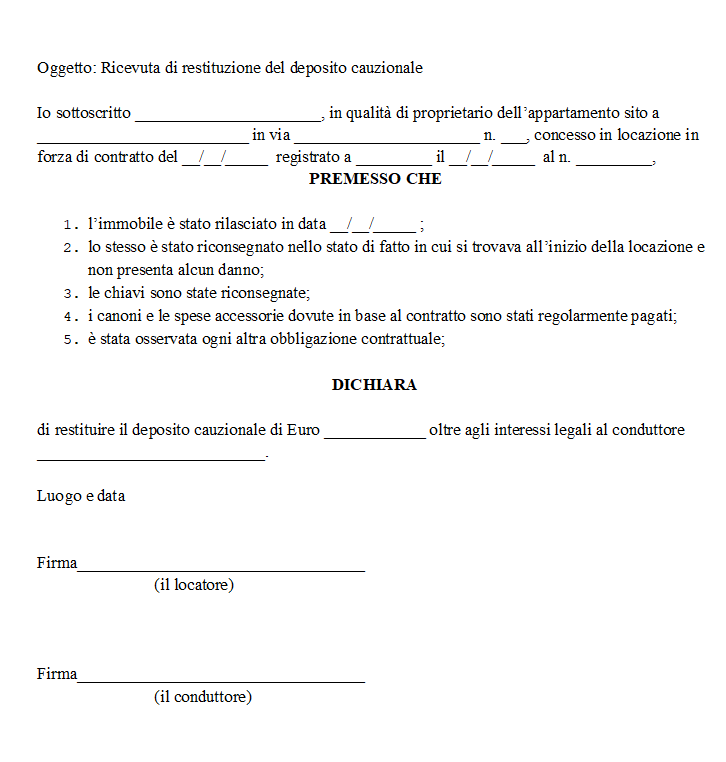 Ricevuta Restituzione Deposito Cauzionale