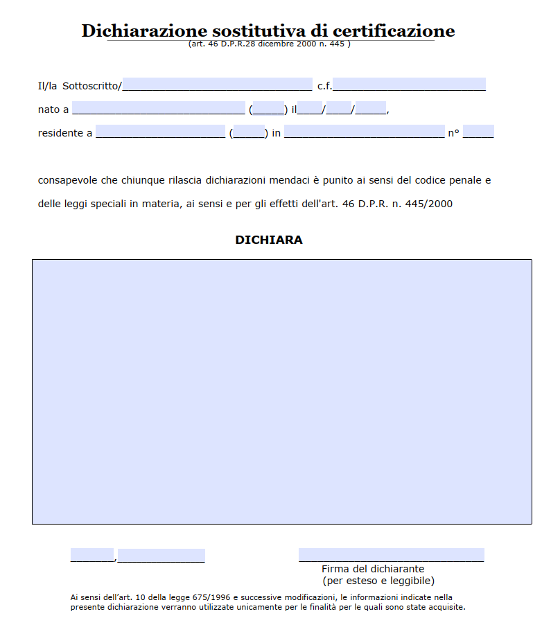 Autocertificazione DPR 445 del 2000