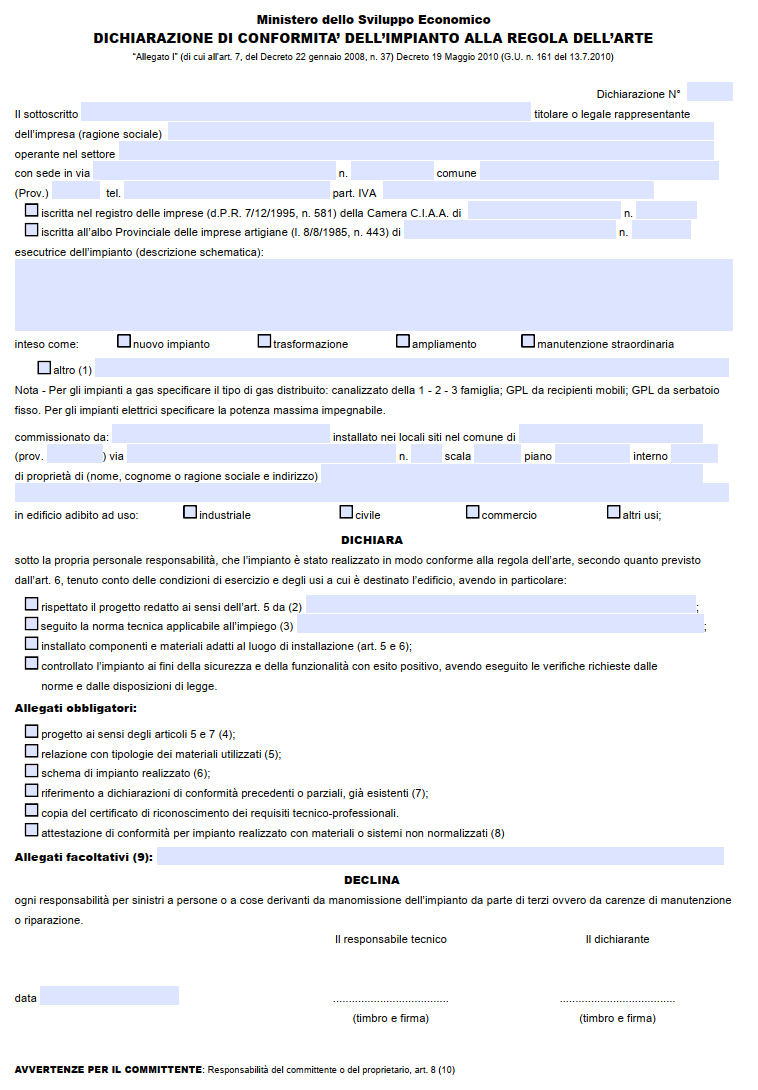 Fac Simile Dichiarazione di Conformità Impianto di Condizionamento