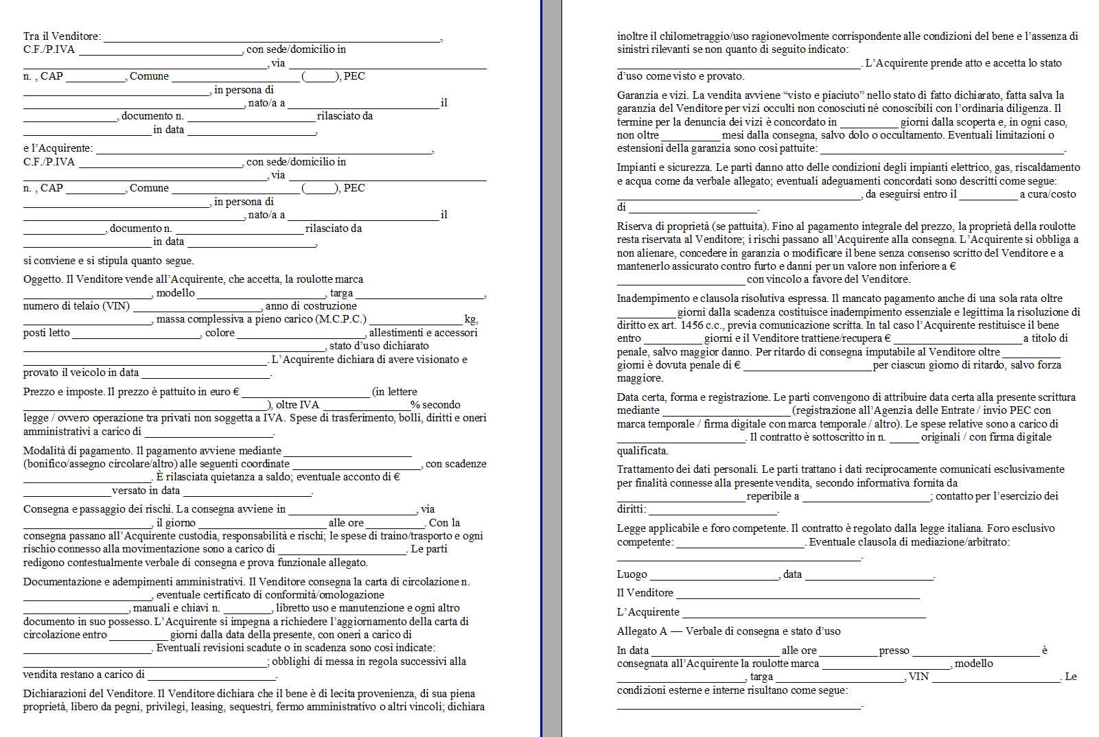 Scrittura Privata per Vendita Roulotte