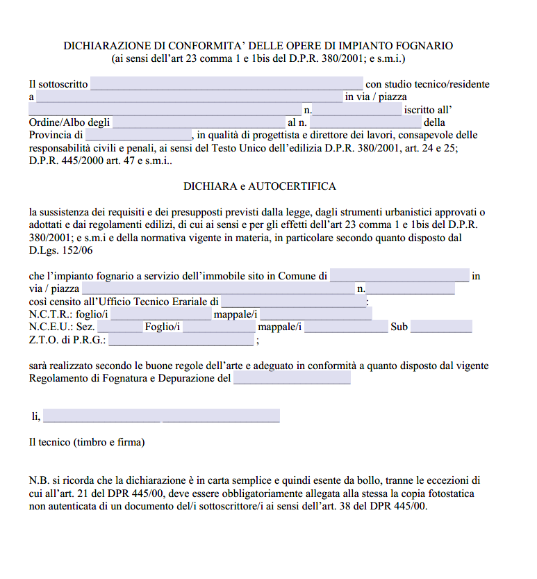Dichiarazione di Conformità Fognatura