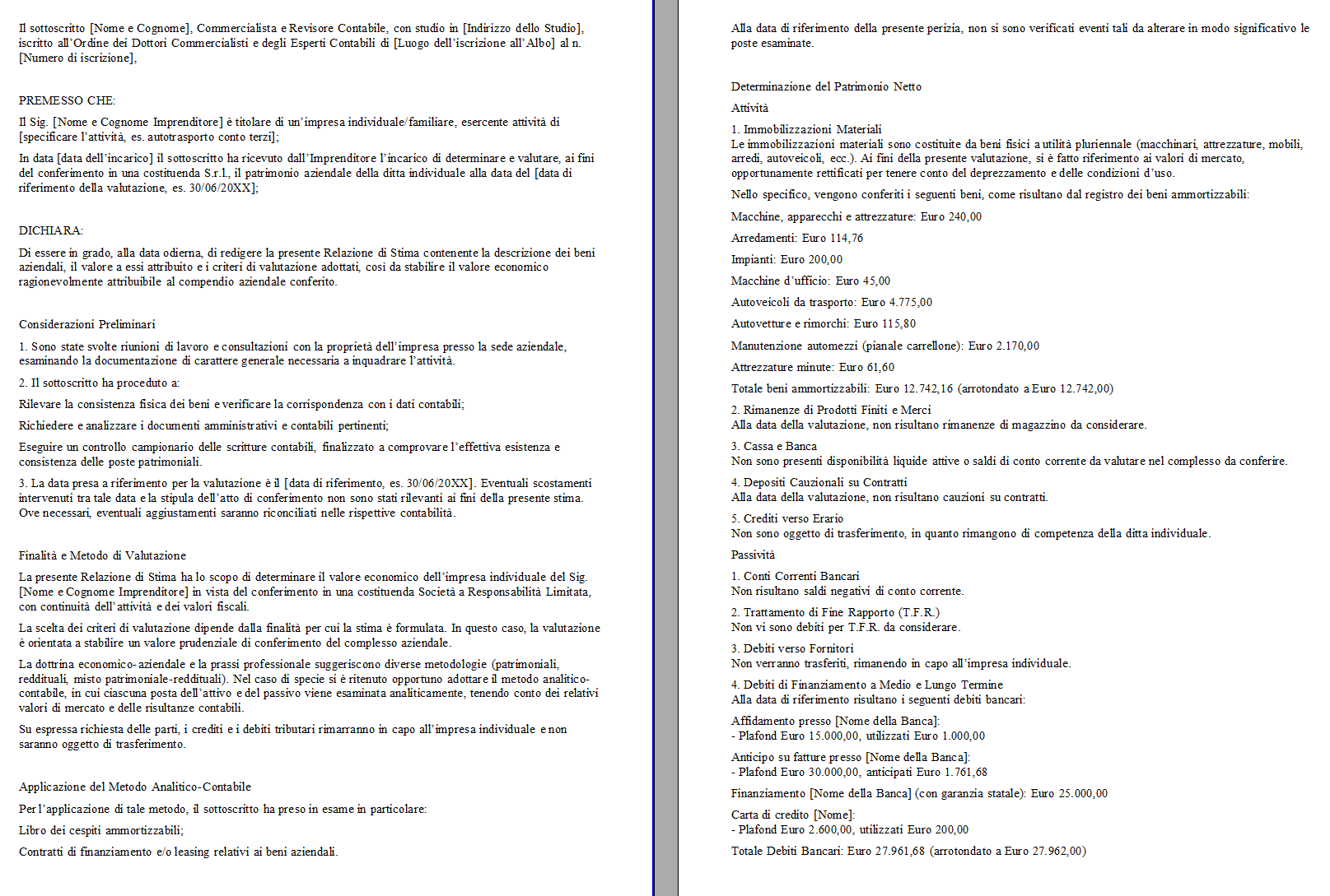 Perizia di conferimento ditta individuale in Srl