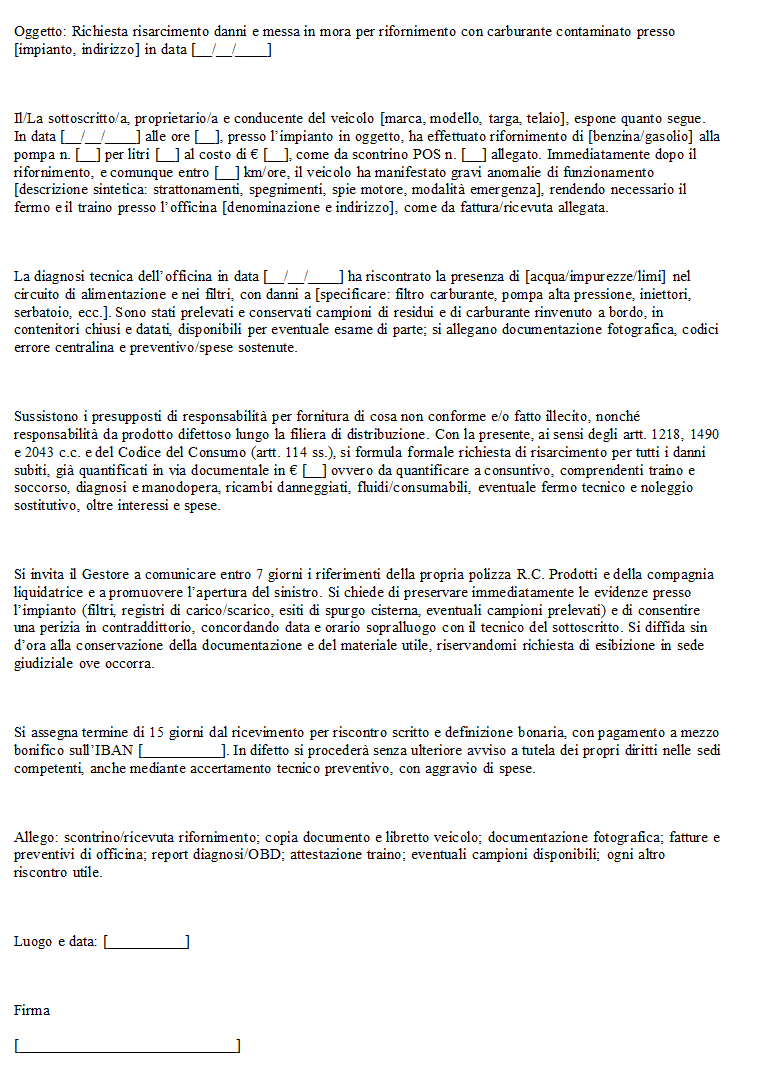 Lettera Risarcimento Danni Carburante Sporco