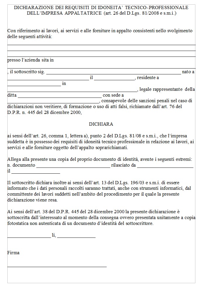 Modello Autocertificazione Requisiti Tecnico Professionali Word e PDF