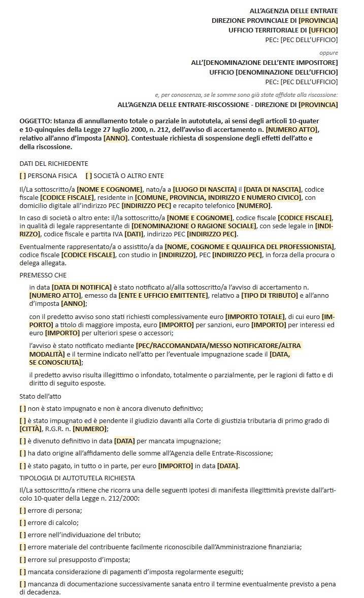 Fac Simile Istanza in Autotutela per Annullamento Avviso di Accertamento