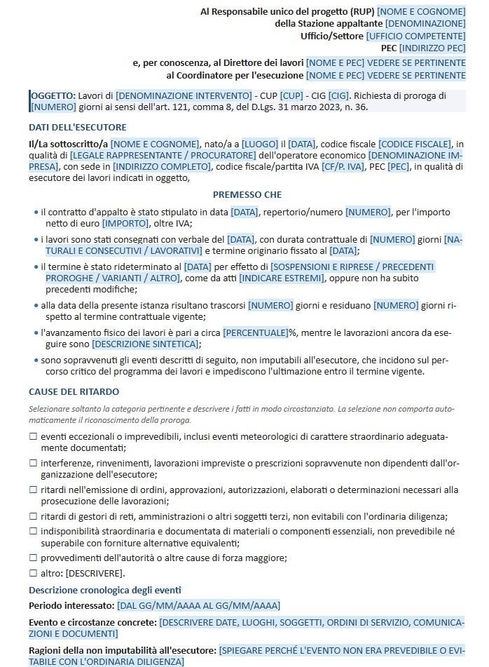 Fac Simile Richiesta di Proroga Lavori Pubblici
