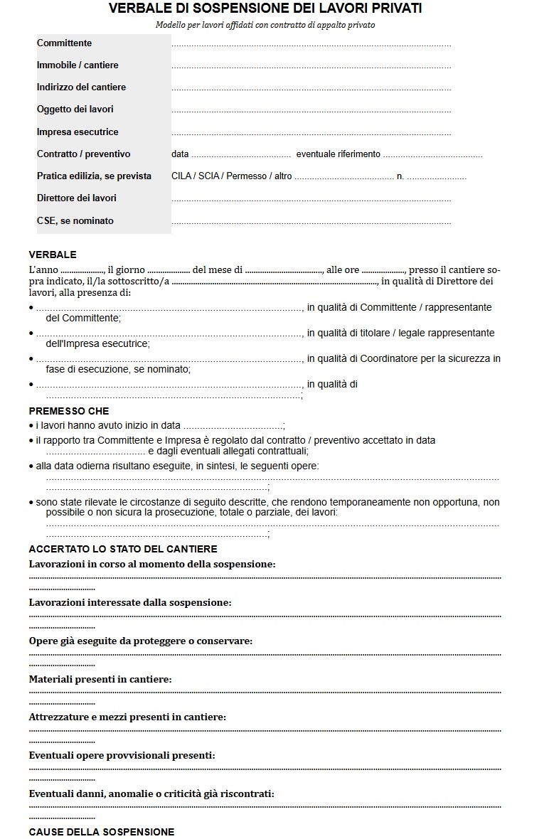 Fac Simile Verbale di Sospensione Lavori Privati Word e PDF