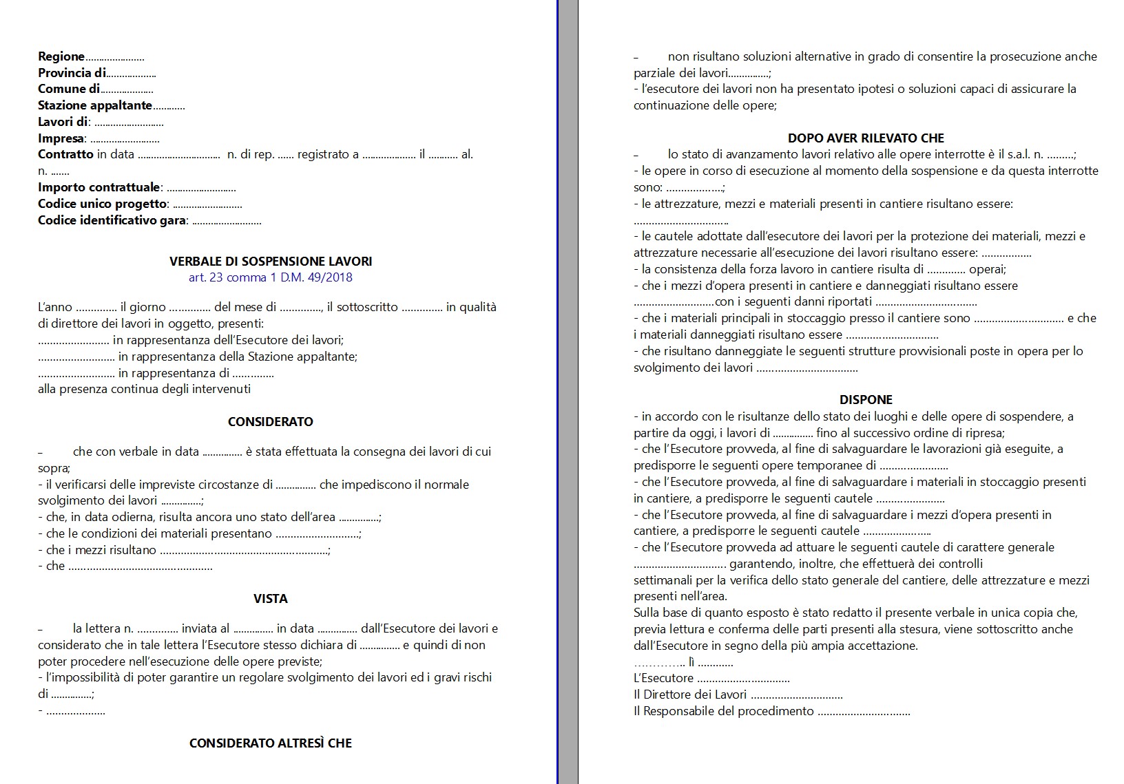 Fac Simile Verbale di Sospensione Lavori Appalto Pubblico Word e PDF